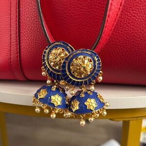 Blue & Gold Kundan Jhumka Earrings – Pearl Drop Indian Bridal / Festival Jewelry